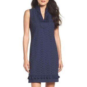 ELIZA J // navy blue eyelet Mandarin Collar Lace Shift Dress 0P